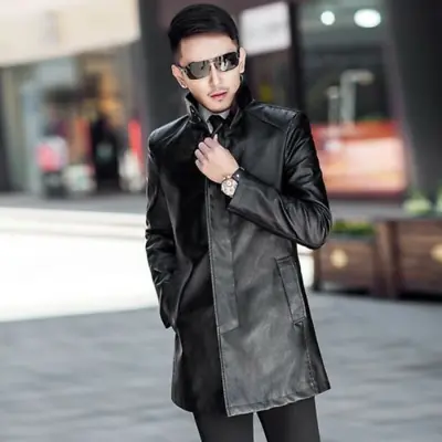 Mens Business Trench Coat Parka Leather Jacket Long Sleeve Overcoat Stand Collar • $55.43