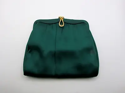 1950's MM Morris Moskowitz EMERALD GREEN Satin Clutch Handbag Gold Tone  7  • $34