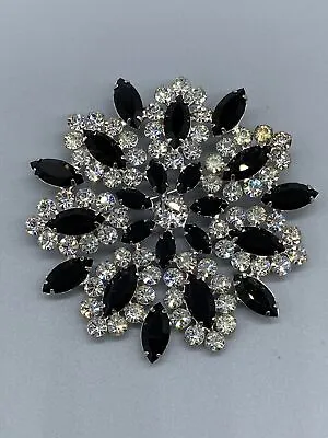 Vintage Signed B. David Round Floral Brooch Pin Clear & Black Stones Silver Tone • $67.99