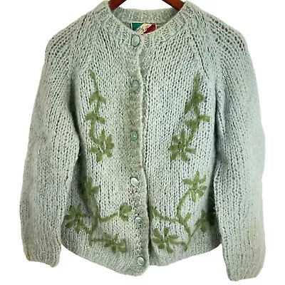 Vintage 60’s Mint Mohair Women’s Cardigan Sweater Italy Grunge Cute Fuzzy • $99.99