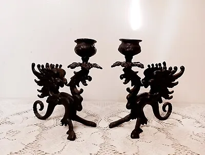 $129.99 • Buy Antique Vtg Black Gothic Cast Iron Griffin Dragon Candle Holder Figurine
