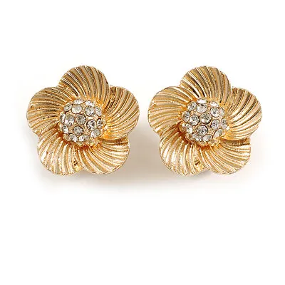 20mm D/Five Petal Crystal Flower Clip On Earrings In Gold Tone • £10.90