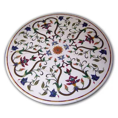 36  Round White Marble Dining Table Top Pietra Dura Inlay Lapis Coffee Table • $1789.80