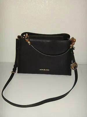 MICHAEL KORS Portia MK LG EW Shoulder Bag Black Saffiano Leather Gold & Tortoise • $199.99