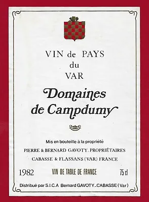 08/45Label Wine Of Pays Du VAR DOMAINS DE CAMPDUMY GAVOTY CABASSE  • $2.13
