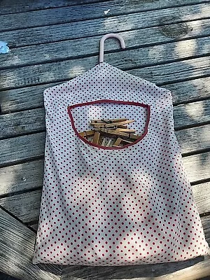 Vintage Clothespin Bag W/plastic Hanger And  65  Wooden Clothes Pins • $20