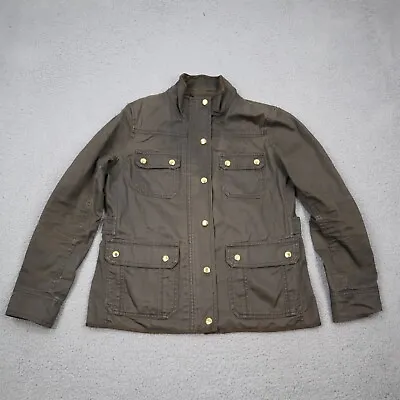 J Crew Jacket Size M Petite Olive Green Coated Twill Field Utility Moto Cotton • $9