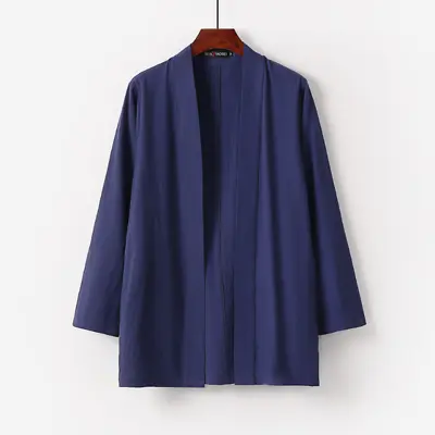 Men Japanese Kimono Yukata Cardigan Jacket Coat Open Front Cotton Linen Loose • £26.78