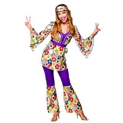 Adult HIPPIE CHICK Fancy Dress Flower Power 60s Hippy Costume UK Size 6-20 • £21.95