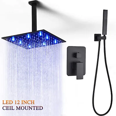 Matte Black LED Shower Faucet Set Ceiling Mount 12 Rain Shower System W/Valve • $95