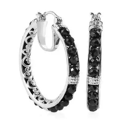 Women Platinum Plated Black Natural Spinel Inside Out Hoop Earrings Ct 25.4 Gift • $19.99