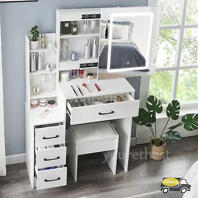 Dressing Table W/ LED Sliding Mirror 7 Storage Shelves Stool Vanity Makeup Desk • £144.85