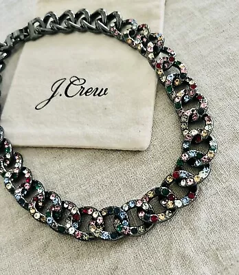 J Crew Multicolor Crystal Pave Gunmetal Silver Oval Chain Link Collar Necklace • $47.19