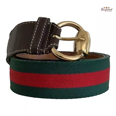 Authentic Gucci Web Green/Red Canvas Leather Gold Horsebit Ring Buckle Belt85/34 • $350