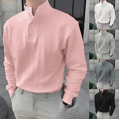 £16.31 • Buy Men Button High Neck Stand Collar Solid Blouse Long Sleeve Top Cotton Shirt UK