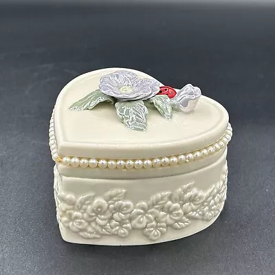 Trinket Box Lenox Pearlescent Hearts & Pearls Porcelain  With Flowers & Ladybug • $15