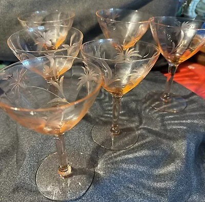 Vtg Pink Depression Glass Etched Champagne Coupe Martini Stemmed Glasses 11 Pcs • $65
