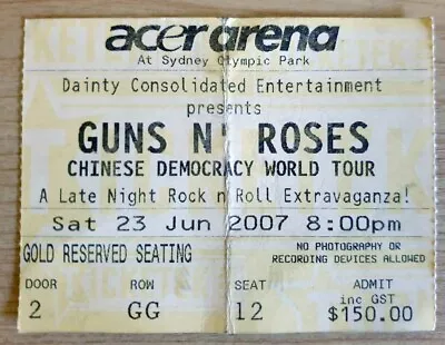 June 2007 - Guns N' Roses - Chinese Democracy Tour Concert Ticket Sydney • $30