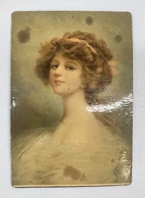 Vintage Miniature Painting / Portrait On Tin ~ Lovely Lady W/ Pink Bow ~ GERMANY • $39.95