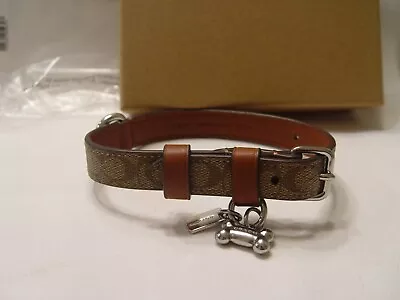 New In Box Coach Small Dog Collar Saddle Brown Khaki Signature C Silver Charms • $54.95