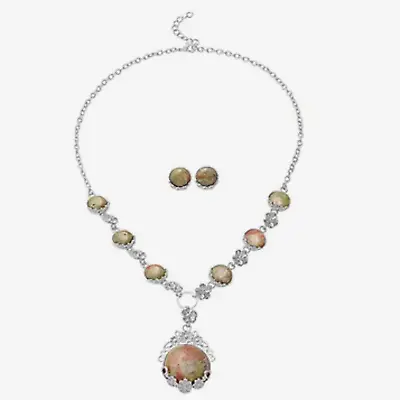 Necklace And Stud Earrings Unakite Vintage Necklace Silver Tone • £9.99