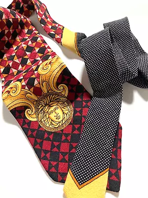 GIANNI VERSACE VINTAGE '90s MEDUSA HEAD MEDAL BAROQUE TIE GREEK KEY ITALY RED • $99.24