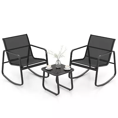 3 Piece Patio Rocking Set 2 Rocking Bistro Chairs & Glass-Top Table Furniture • £76.95