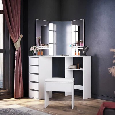 $159 • Buy White Dressing Table Stool Set With Three-Panel Mirror Makeup Vanity Desk