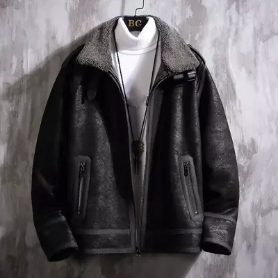 Mens Faux Sheepshear Coat Fur Short Faux Leather Motorcycle Jacket Pilot Outwear • $132.01