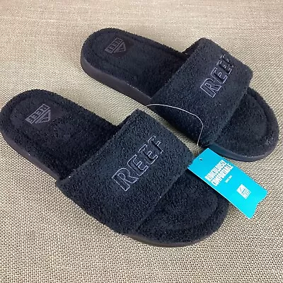 REEF One Chill Black Slide Sandals Slip-On Fuzzy Embroidered Logo Men's Size 12 • $24.99