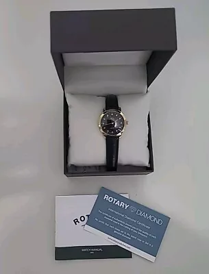 Rotary Ladies Diamond Set Black Leather Strap Watch Women's LS03109/13 MINT Cond • £32.99