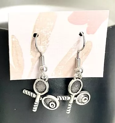 Tennis Racquet/Pickle Ball Earrings Silver Tone French Hook Hypoallergenic B01 • $4.97