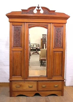 Antique Victorian Carved Walnut Mirror Door Wardrobe • £395