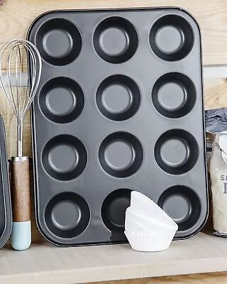 12 Muffin Cupcake Tin Tray Non Stick Carbon Steel Baking Pan Yorkshire Pudding • £6.99