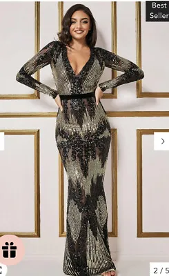 £54.99 • Buy Goddiva Black Gold Maxi Long Sleeve Sequin Formal Evening Dress Xmas Party 14/16