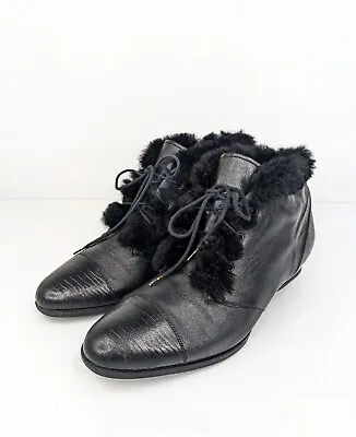 80s Vintage Black Lady GABOR Lace Up Leather Ankle Boots Size 8 Grunge Ladies • $55