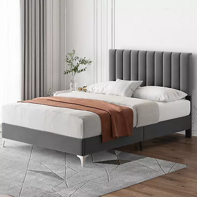 Velvet Upholstered Full Queen Size Bed Frame With Adjustable Headboard Platform • $149.99