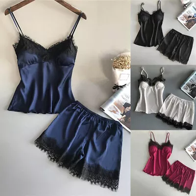 Sexy Womens Lace Satin Silk Cami Tops + Shorts Sleepwear Lingerie Pajamas Set • £7.39