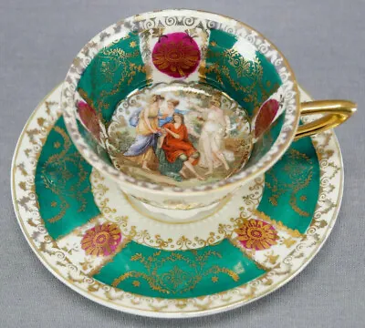 ES Prussia Royal Vienna Style Neoclassical Green Red Gold Demitasse Cup & Saucer • $85