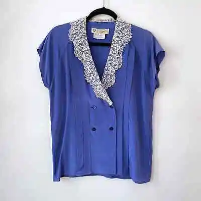 Vintage 70's GUCCI Silk Shirt Blue Lace Trim Pleated Double Breasted Size 44 • $194.95