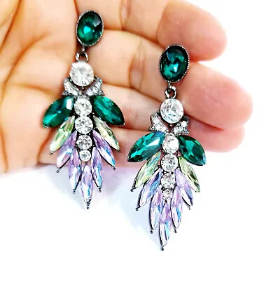 Multi Color Rhinestone Chandelier Drop Earrings 2.8 Inch Pageant Bridal Jewelry • $32.99