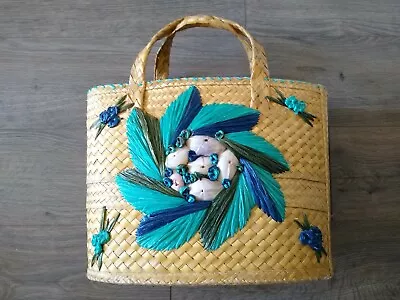 Vintage Woven Raffia Seashells Beach Hand Bag Purse Beach Bag • $24.99