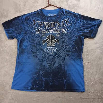 Xtreme Couture Blue Black T-Shirt 2 Sided Fleur De Lis Graphic Print Size 2XL • $22.91