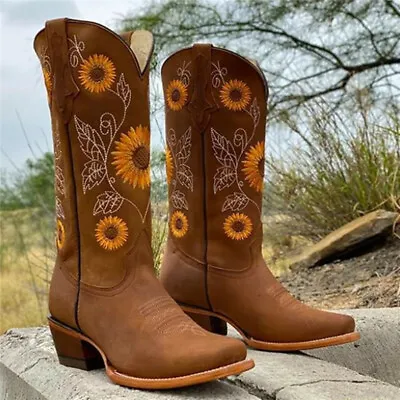 Women Mid Calf Western Cowboy Boots Sunflower Low Block Heel Booties Shoes Size • £35.88