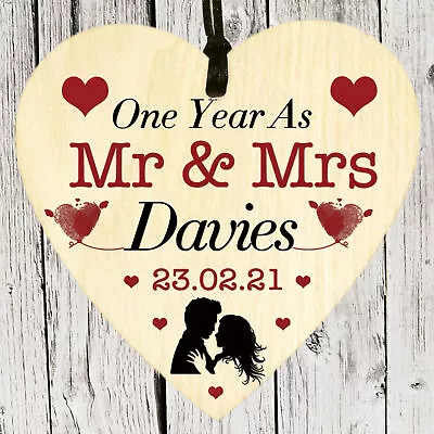 Personalised 1st Wedding Anniversary Gifts Couples Mr & Mrs Wooden Heart Plaque • £3.98