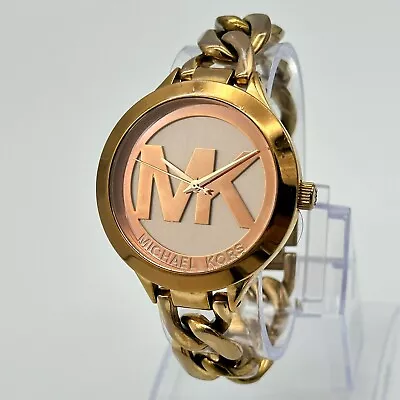 Ladies MICHAEL KORS Runway Rose Gold Tone All Steel Link Bracelet Watch MK-3424 • $44.99