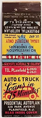 Prudential Autoplan Plainfield N.J.  Auto & Truck Loans Vintage Matchbook Cover • $3.99