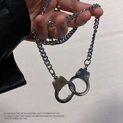 Mens Stainless Steel Dark Gothic Punk Necklace Handcuffs Pendant Chain Choker • £5.81