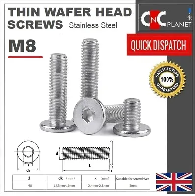 M8 Ultra Thin Wafer Flat Head Low Profile Screws Bolt Allen Key Stainless Steel • £41.99