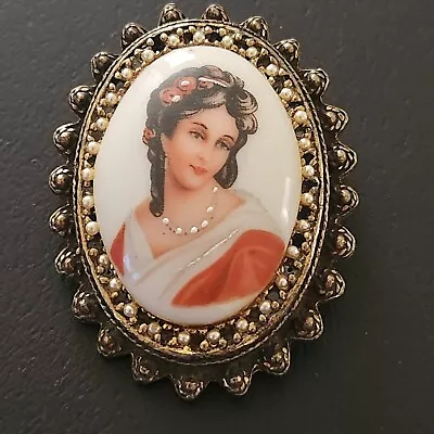 MADE IN LIMOGES FRANCE Vintage Brooch Pin Pendant Painted Porcelain Portrait 245 • £0.99